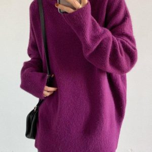 Cozy Solid Color High-Neck Sweater Top for Y2K Fashion and Aesthetic Outfits