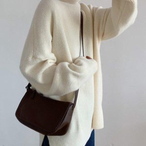 Cozy Solid Color High-Neck Sweater Top for Y2K Fashion and Aesthetic Outfits