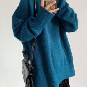 Cozy Solid Color High-Neck Sweater Top for Y2K Fashion and Aesthetic Outfits