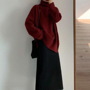 Cozy Solid Color High-Neck Sweater Top for Y2K Fashion and Aesthetic Outfits