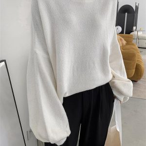 Cozy Stretch Mohair-Blend Balloon Sleeve Sweater Top - Y2K Aesthetic Solid Knit Top