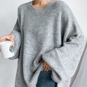 Cozy Stretch Mohair-Blend Balloon Sleeve Sweater Top - Y2K Aesthetic Solid Knit Top