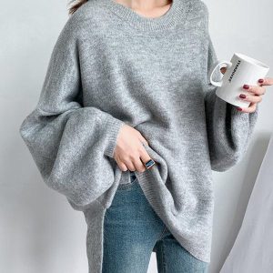 Cozy Stretch Mohair-Blend Balloon Sleeve Sweater Top - Y2K Aesthetic Solid Knit Top