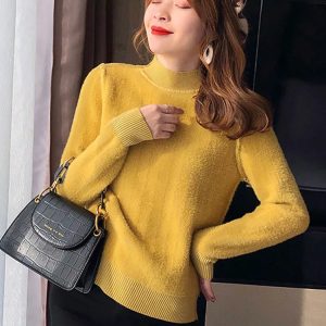 Cozy Thickened Slim Knit Sweater for Women - Autumn Winter Half High Collar Pullover