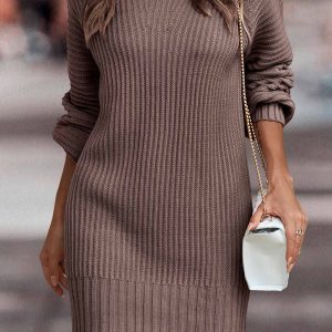 Cozy Turtleneck Solid Sweater Dress for Y2K Aesthetic and Grunge Style Outfits