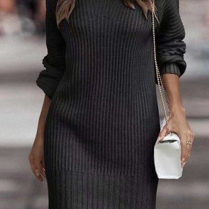 Cozy Turtleneck Solid Sweater Dress for Y2K Aesthetic and Grunge Style Outfits