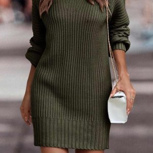 Cozy Turtleneck Solid Sweater Dress for Y2K Aesthetic and Grunge Style Outfits