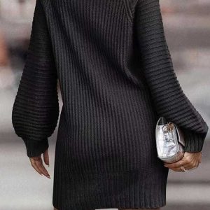 Cozy Turtleneck Solid Sweater Dress for Y2K Aesthetic and Grunge Style Outfits