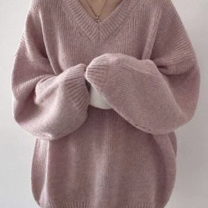 Cozy V-Neck Knitted Pullover Sweater for Y2K Aesthetic and Grunge Style Outfits