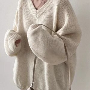 Cozy V-Neck Knitted Pullover Sweater for Y2K Aesthetic and Grunge Style Outfits