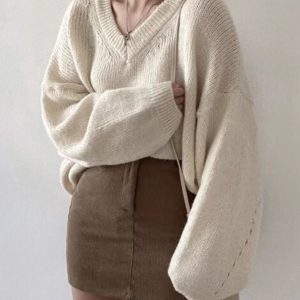 Cozy V-Neck Knitted Pullover Sweater for Y2K Aesthetic and Grunge Style Outfits