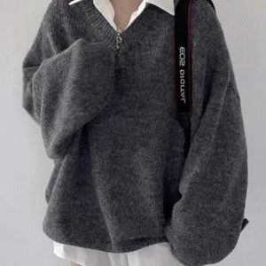 Cozy V-Neck Knitted Pullover Sweater for Y2K Aesthetic and Grunge Style Outfits