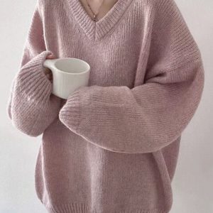 Cozy V-Neck Knitted Pullover Sweater for Y2K Aesthetic and Grunge Style Outfits