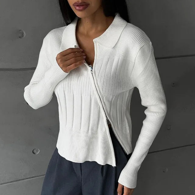 Cozy White Knitted Cardigan with Ribbed Turn Collar and Zipper - Y2K Aesthetic Knitwear for Fall