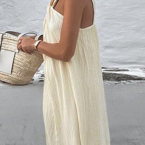 Creamy Halter Maxi Dress - Y2K Aesthetic Fashion for Effortless Elegance