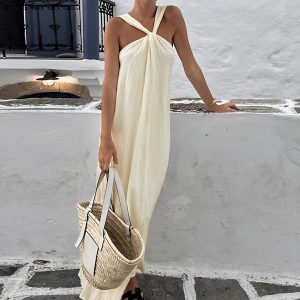 Creamy Halter Maxi Dress - Y2K Aesthetic Fashion for Effortless Elegance