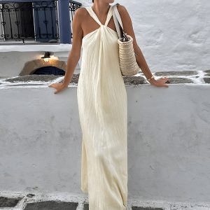 Creamy Halter Maxi Dress - Y2K Aesthetic Fashion for Effortless Elegance