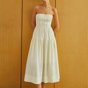 Creamy Pleated Midi Dress with Zipper - Y2K Aesthetic Fashion Essential