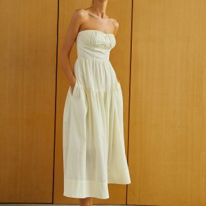 Creamy Pleated Midi Dress with Zipper - Y2K Aesthetic Fashion Essential