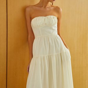 Creamy Pleated Midi Dress with Zipper - Y2K Aesthetic Fashion Essential