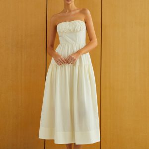 Creamy Pleated Midi Dress with Zipper - Y2K Aesthetic Fashion Essential