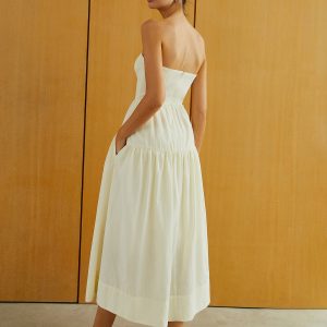 Creamy Pleated Midi Dress with Zipper - Y2K Aesthetic Fashion Essential