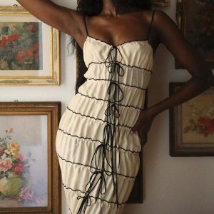 Creamy Shoelace Maxi Dress - Y2K Aesthetic Fashion for Effortless Style and Comfort