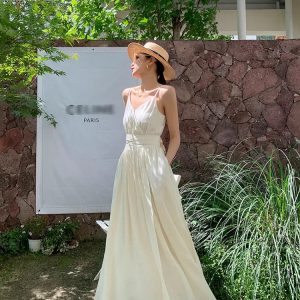 Creamy White Sleeveless Sling Dress - Y2K Aesthetic Vacation Long Dress for Women