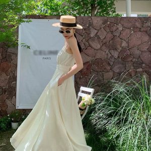 Creamy White Sleeveless Sling Dress - Y2K Aesthetic Vacation Long Dress for Women