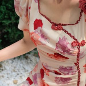 Crimson Chinese Dress with Floral Tops - Y2K Aesthetic Coquette Style Outfit