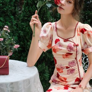 Crimson Chinese Dress with Floral Tops - Y2K Aesthetic Coquette Style Outfit