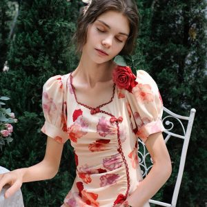 Crimson Chinese Dress with Floral Tops - Y2K Aesthetic Coquette Style Outfit