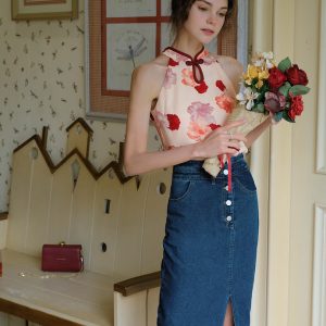 Crimson Chinese Dress with Floral Tops - Y2K Aesthetic Coquette Style Outfit