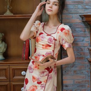 Crimson Chinese Dress with Floral Tops - Y2K Aesthetic Coquette Style Outfit