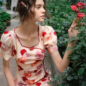 Crimson Chinese Dress with Floral Tops - Y2K Aesthetic Coquette Style Outfit