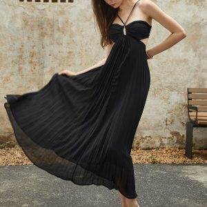 Crisscross Pleated Cami Maxi Dress - Y2K Aesthetic Fashion for Effortless Style