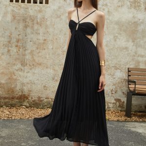 Crisscross Pleated Cami Maxi Dress - Y2K Aesthetic Fashion for Effortless Style