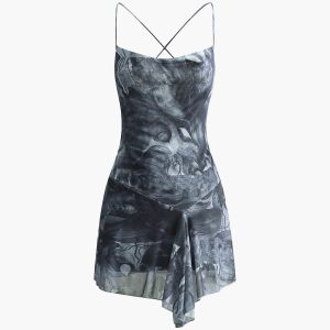 Crisscross Print Asymmetrical Hem Dress - Y2K Aesthetic Cute Dress for Trendy Outfits