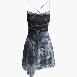 Crisscross Print Asymmetrical Hem Dress - Y2K Aesthetic Cute Dress for Trendy Outfits