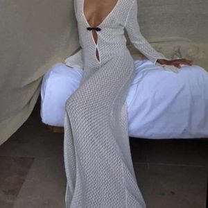 Crochet Beach Blouse Dress with Slit - Y2K Aesthetic Summer Fashion Essential