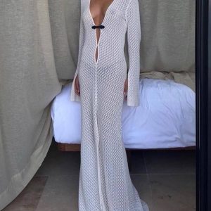 Crochet Beach Blouse Dress with Slit - Y2K Aesthetic Summer Fashion Essential