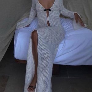 Crochet Beach Blouse Dress with Slit - Y2K Aesthetic Summer Fashion Essential