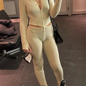 Crochet Ribbed Knit Two-Piece Set for Women - See-Through Hollow Out Knitted Tracksuit 2023