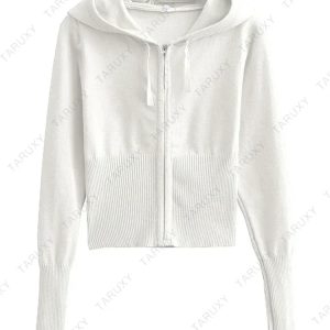 Cropped Knitted Hoodie and Pants Set - White Y2K Casual Low Waist Knit Two Piece Outfit