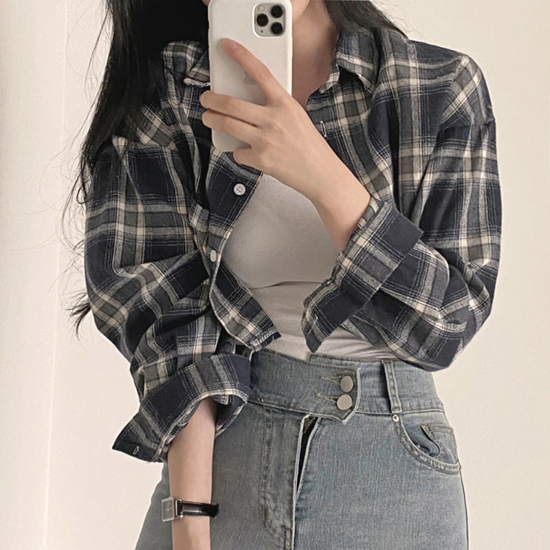 Cropped Long Sleeve Checkered Blouse - Y2K Aesthetic Top for Cute Outfits and Grunge Style