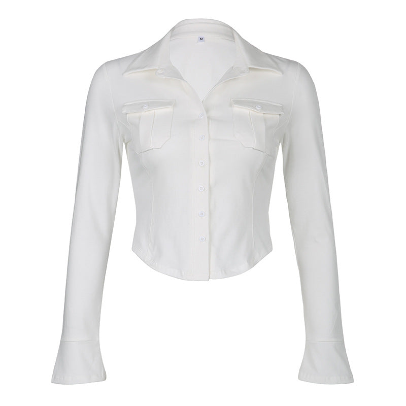 Cropped Pocket Button Down Blouse in Y2K Style - Trendy Coquette Aesthetic Top