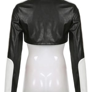 Cropped PU Leather Jacket for Women - Y2K High Street Patchwork Long Sleeve Motorcycle Coat