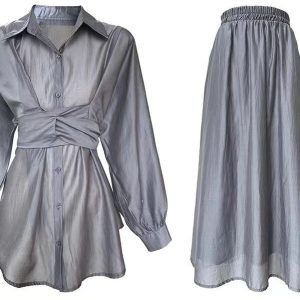 Cross Tie Waist Light Silk Shirt & Skirt Set - Y2K Aesthetic Coquette Style Outfit