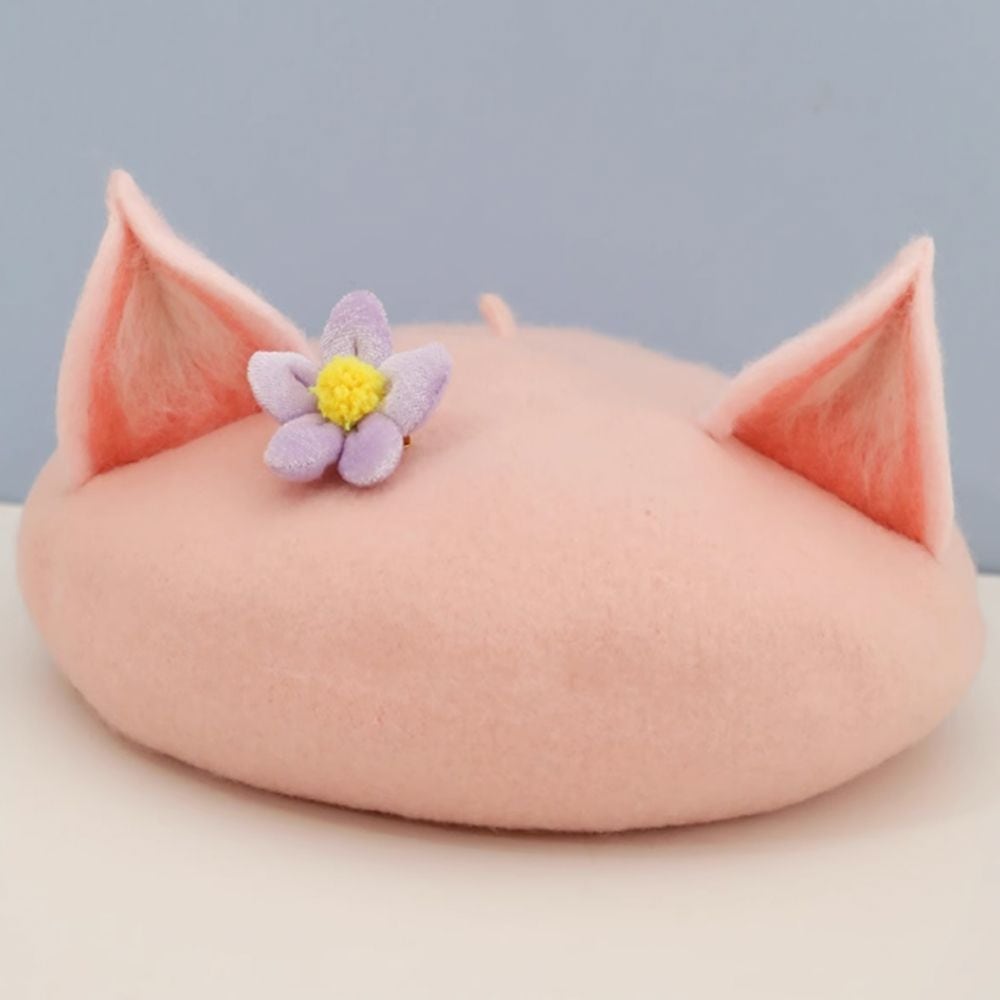 Cute Baby Pink Fox Ears Wool Felt Beret - Y2K Aesthetic Coquette Style Accessory