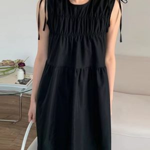 Cute Bow Lace-Up Pleated Dress - Y2K Aesthetic Sleeveless Mini Dress for Stylish Outfits